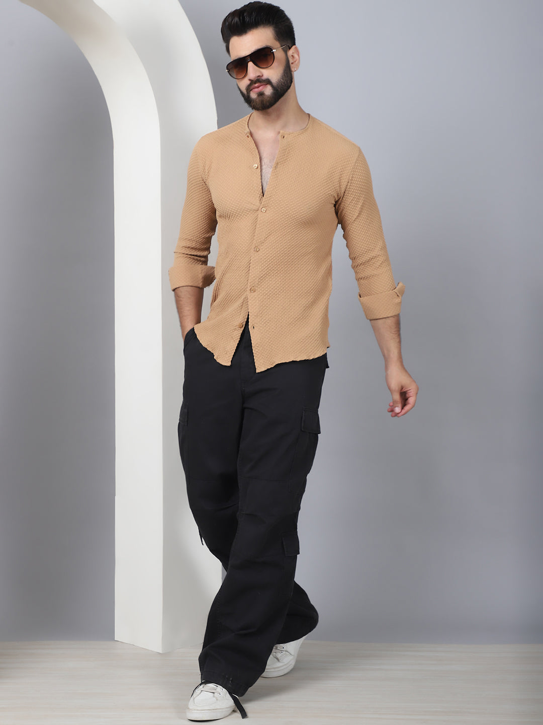Self Design Cotton Blend Casual Shirt For Men