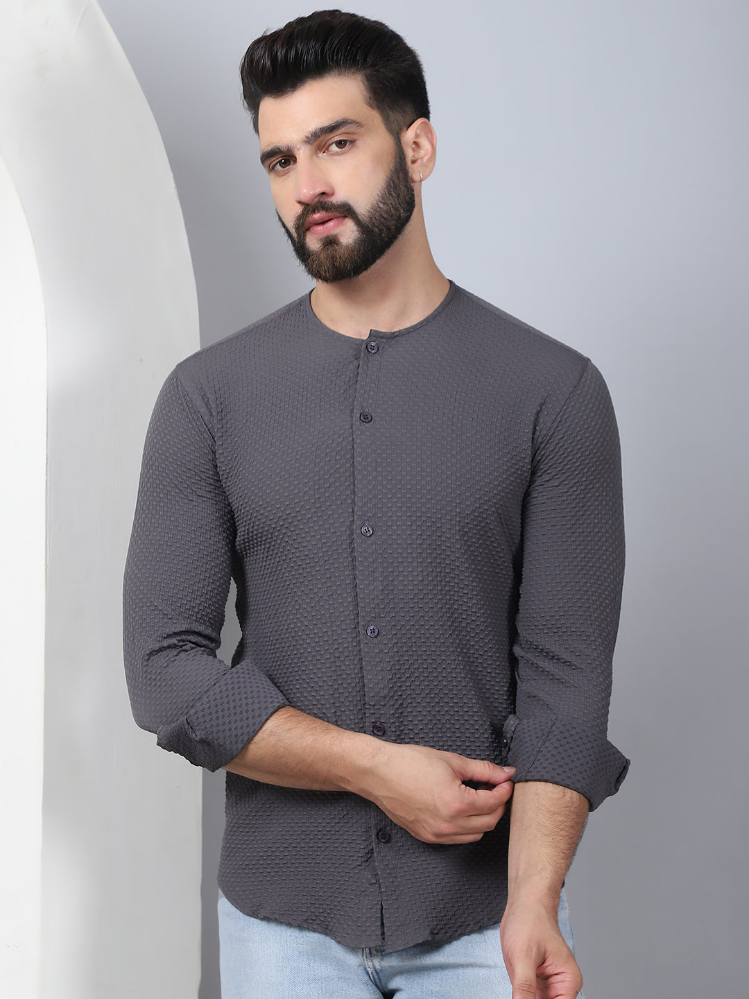 Self Design Cotton Blend Casual Shirt For Men