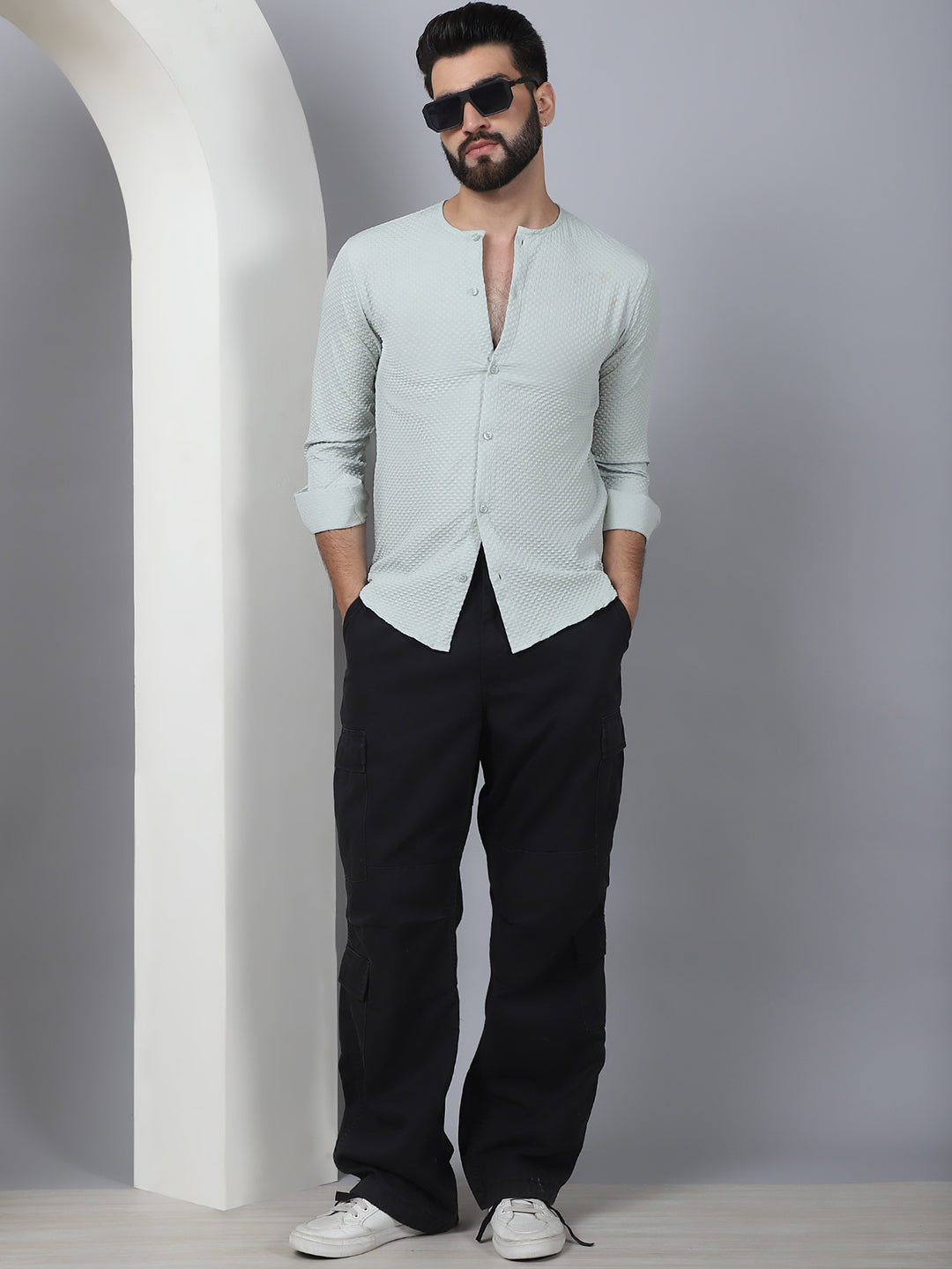 Self Design Cotton Blend Casual Shirt For Men