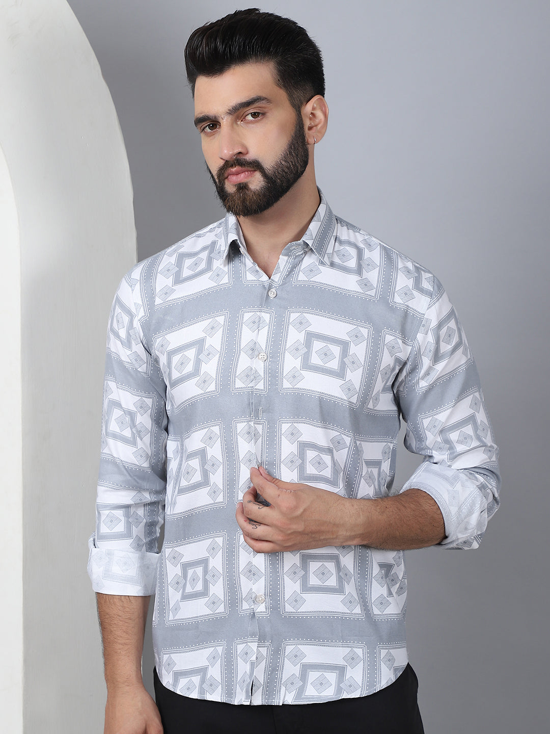 Printed Spread Collar Cotton Casual Shirt For Men