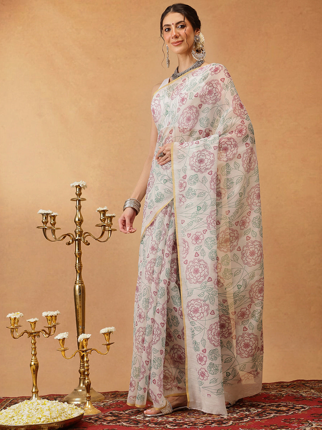 Digital Printed Pen Kalamkari Saree With Printed Blouse
