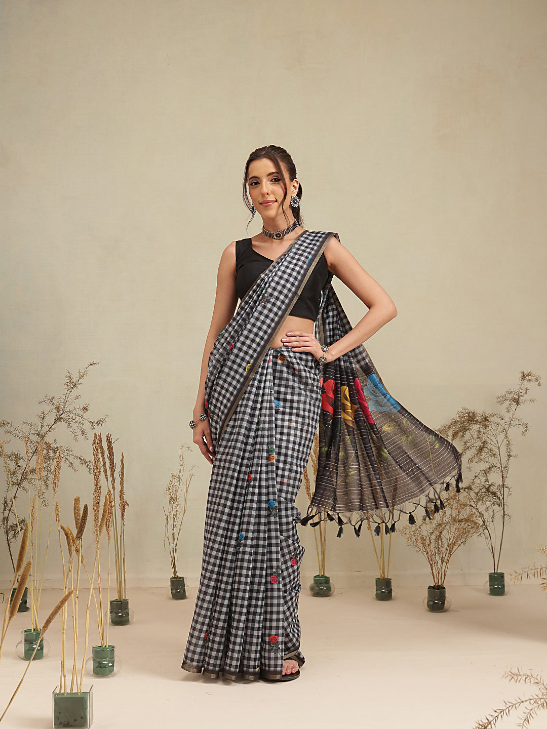 Digital Printed Work Wear Formal Saree With Checks Work