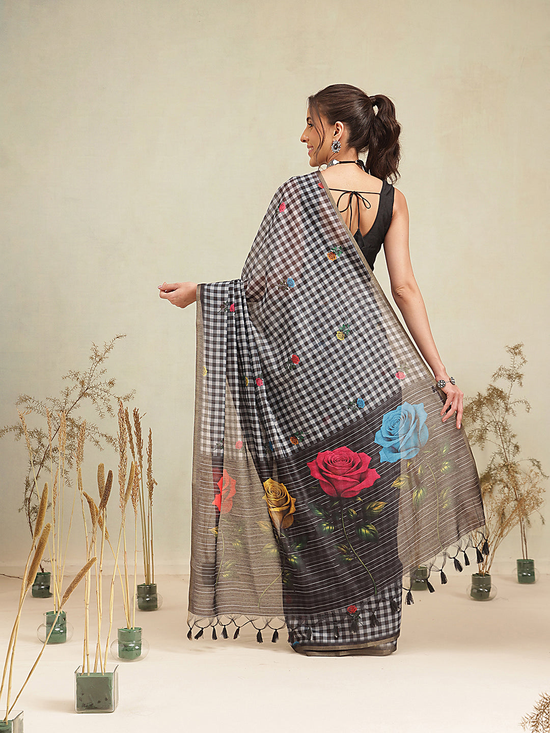 Digital Printed Work Wear Formal Saree With Checks Work