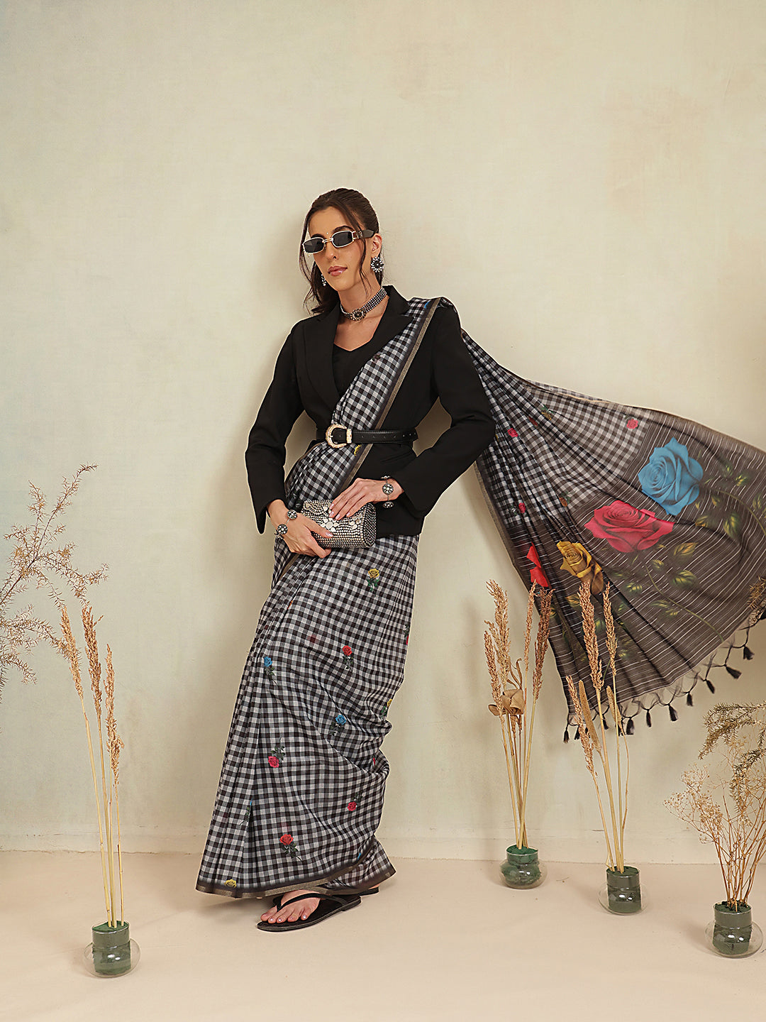 Digital Printed Work Wear Formal Saree With Checks Work