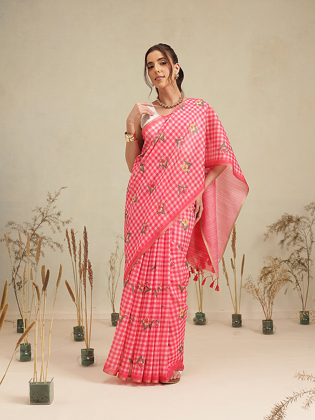 Digital Printed Work Wear Formal Saree With Checks Work