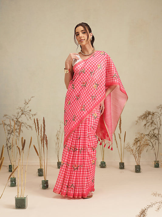 Digital Printed Work Wear Formal Saree With Checks Work