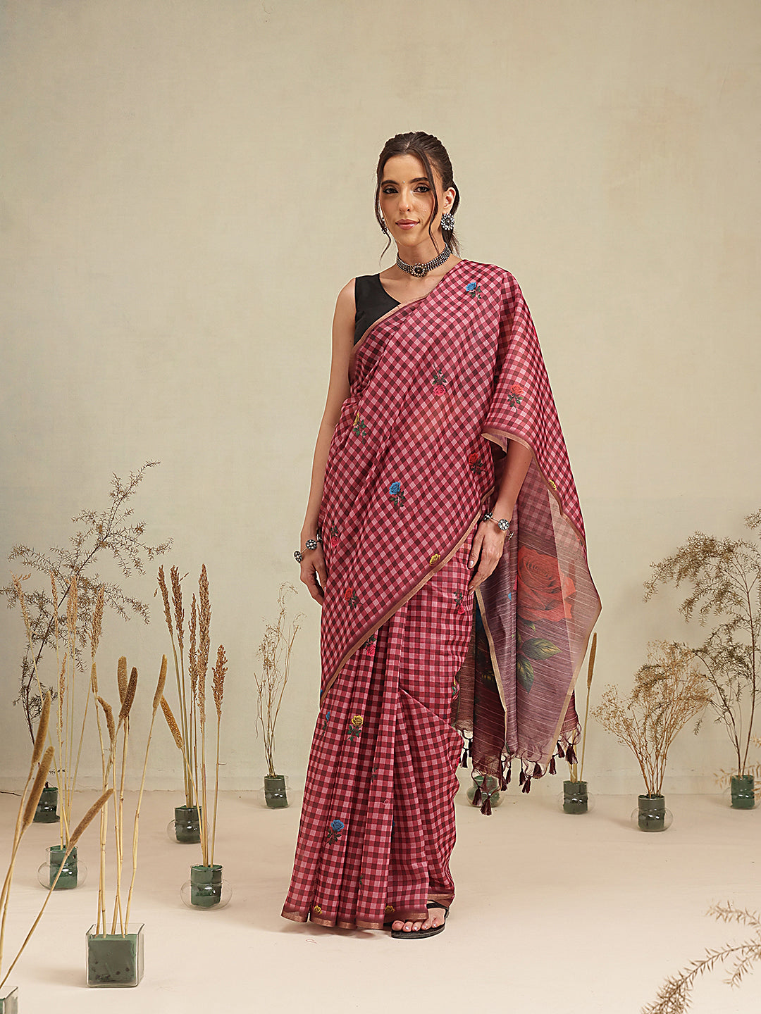Digital Printed Work Wear Formal Saree With Checks Work