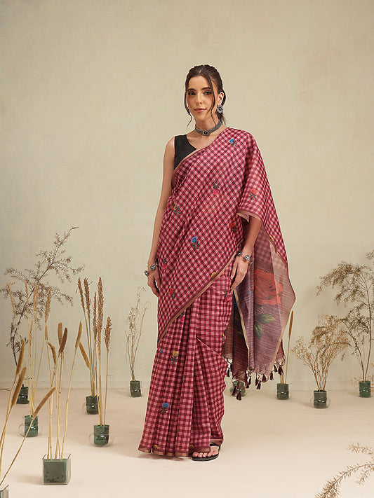 Digital Printed Work Wear Formal Saree With Checks Work