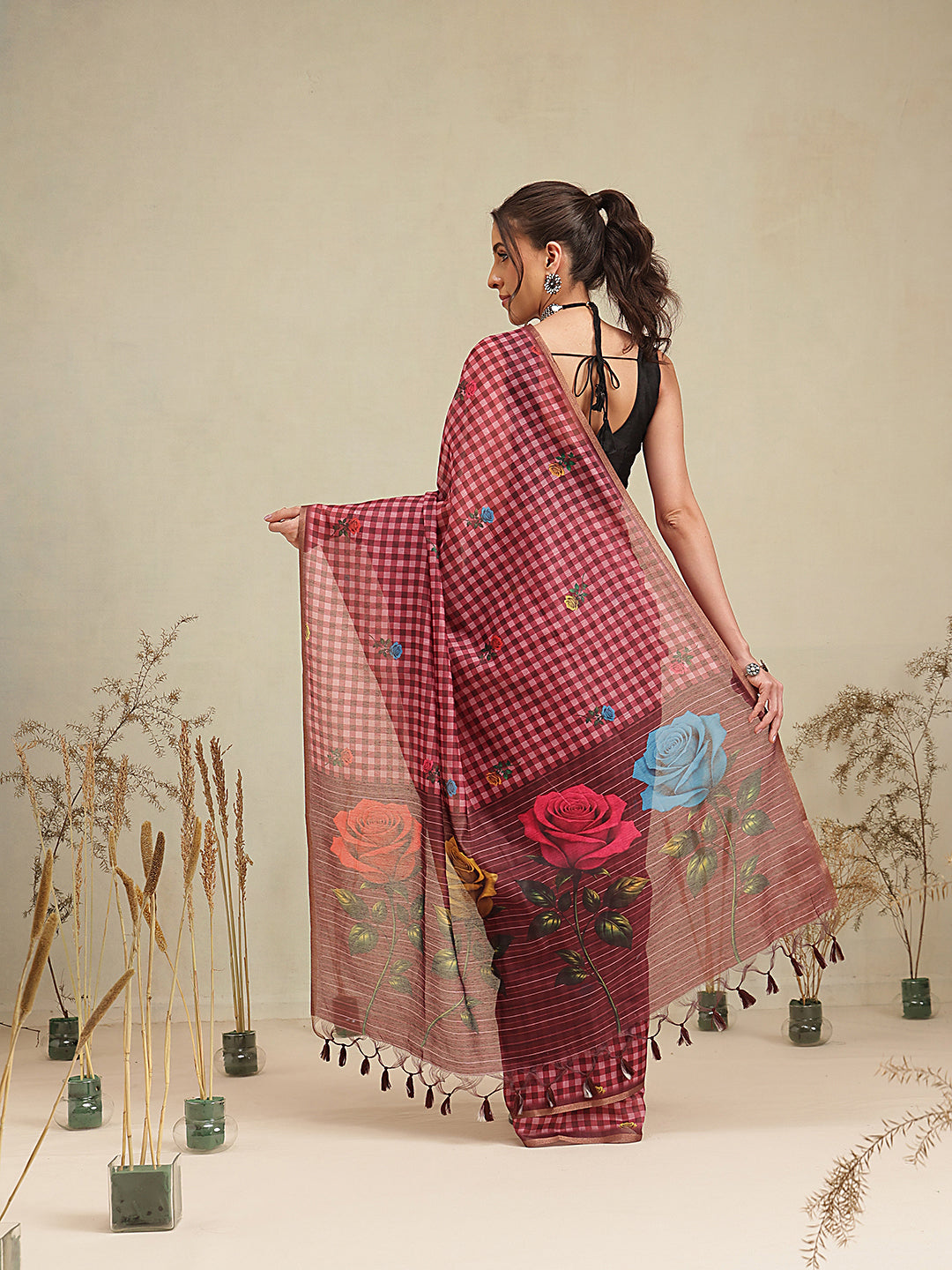 Digital Printed Work Wear Formal Saree With Checks Work