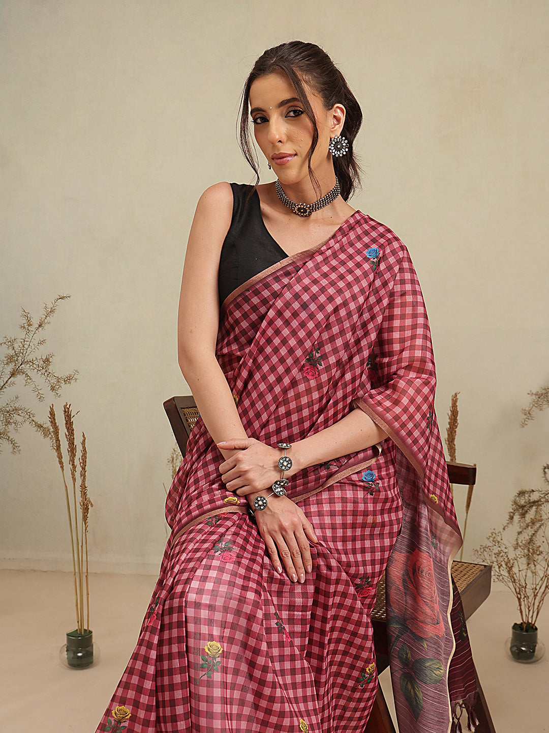 Digital Printed Work Wear Formal Saree With Checks Work