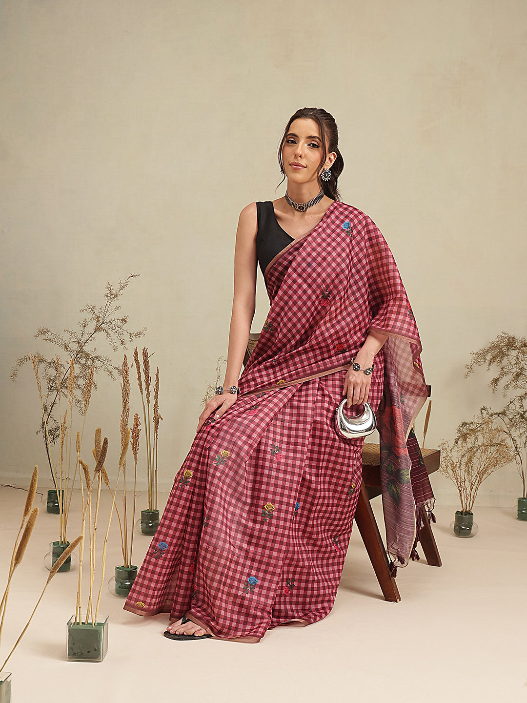 Digital Printed Work Wear Formal Saree With Checks Work
