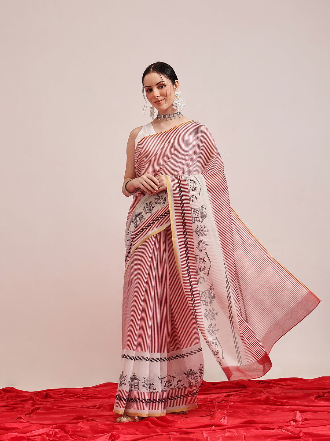 Striped Chanderi Cotton Digital Printed Saree