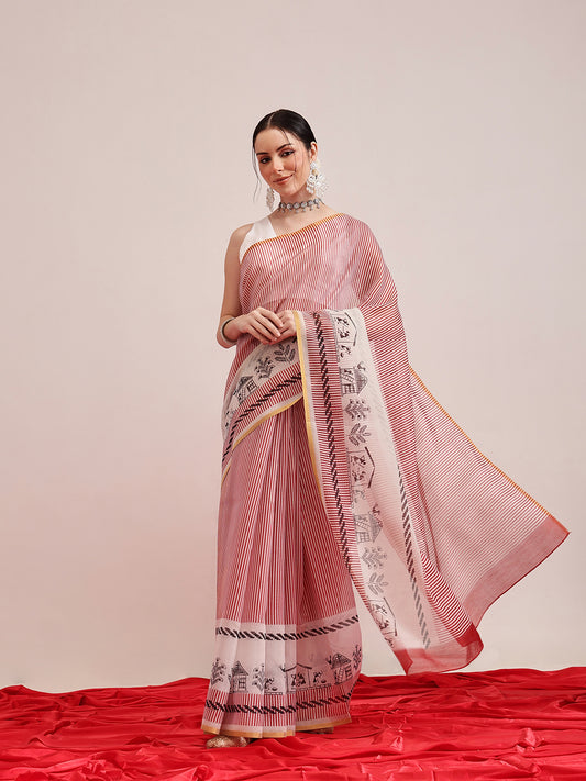 Striped Chanderi Cotton Digital Printed Saree