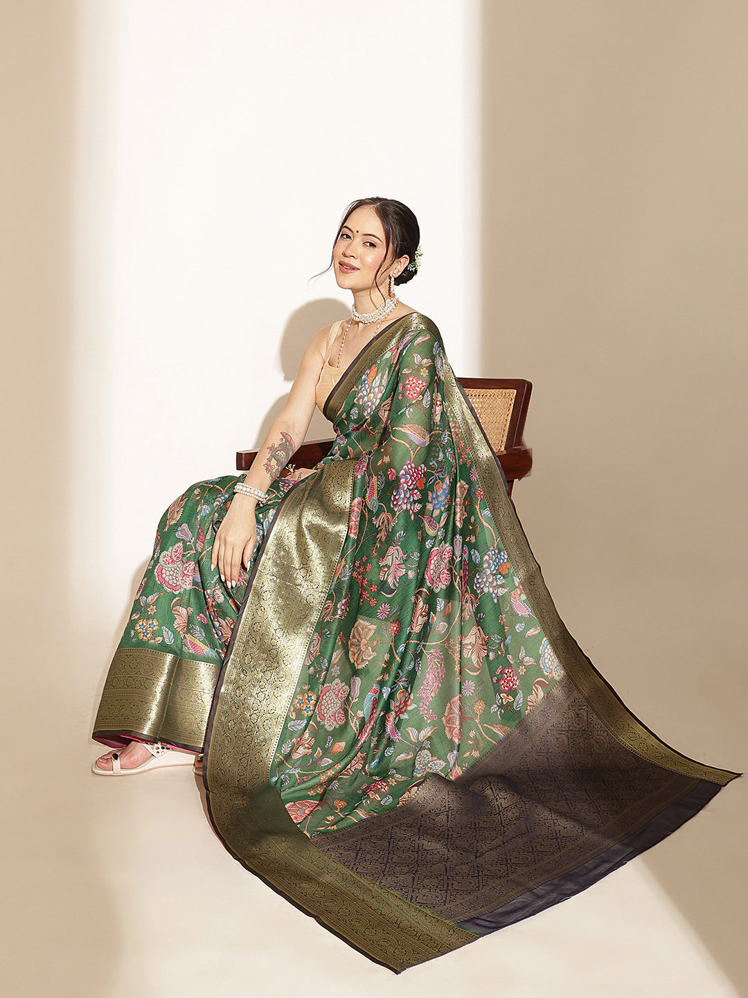 Digital Printed Kalamkari Chanderi Silk Saree With Woven Border & Rich Pallu