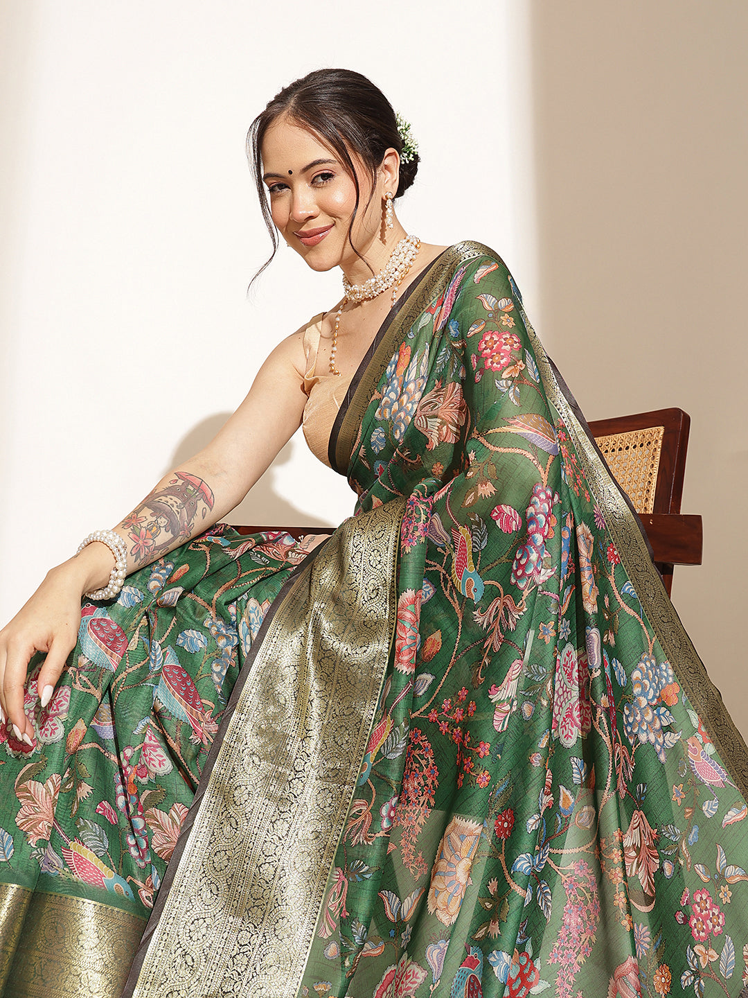 Digital Printed Kalamkari Chanderi Silk Saree With Woven Border & Rich Pallu