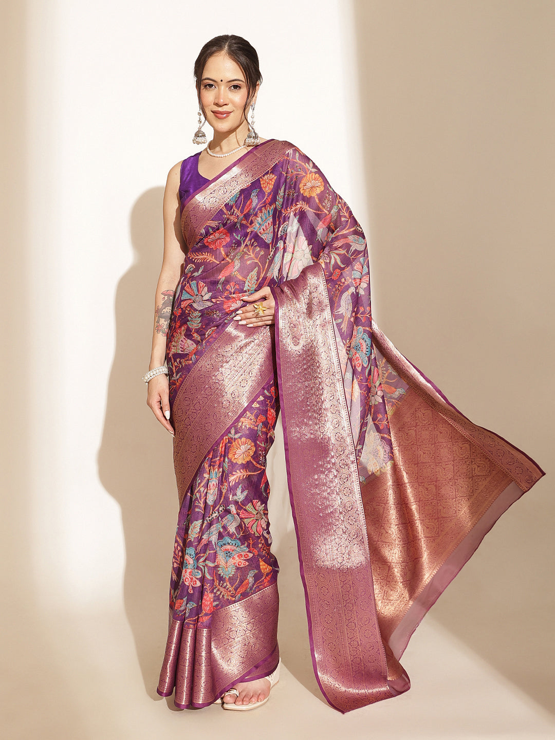 Digital Printed Kalamkari Chanderi Silk Saree With Woven Border & Rich Pallu