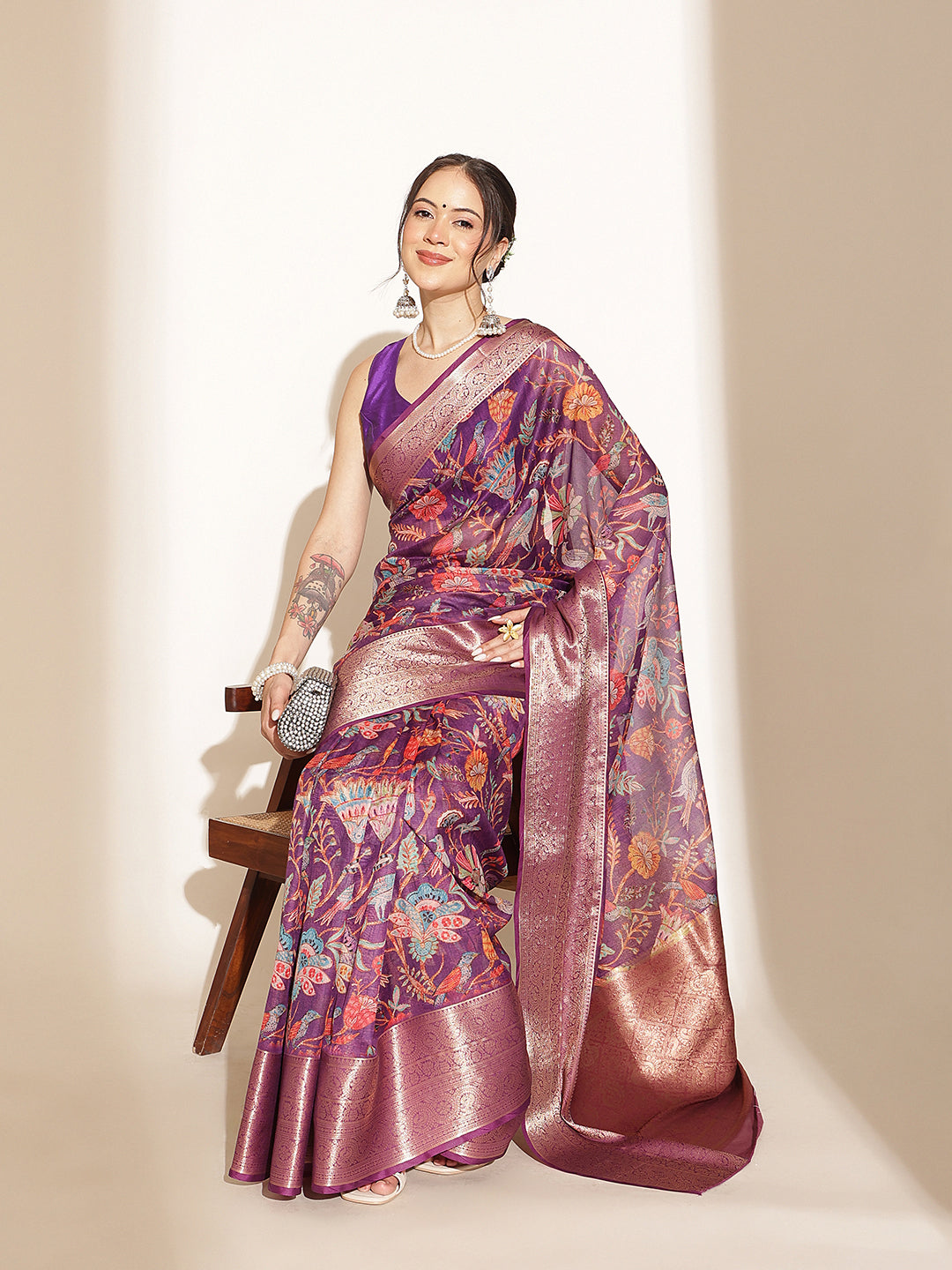 Digital Printed Kalamkari Chanderi Silk Saree With Woven Border & Rich Pallu