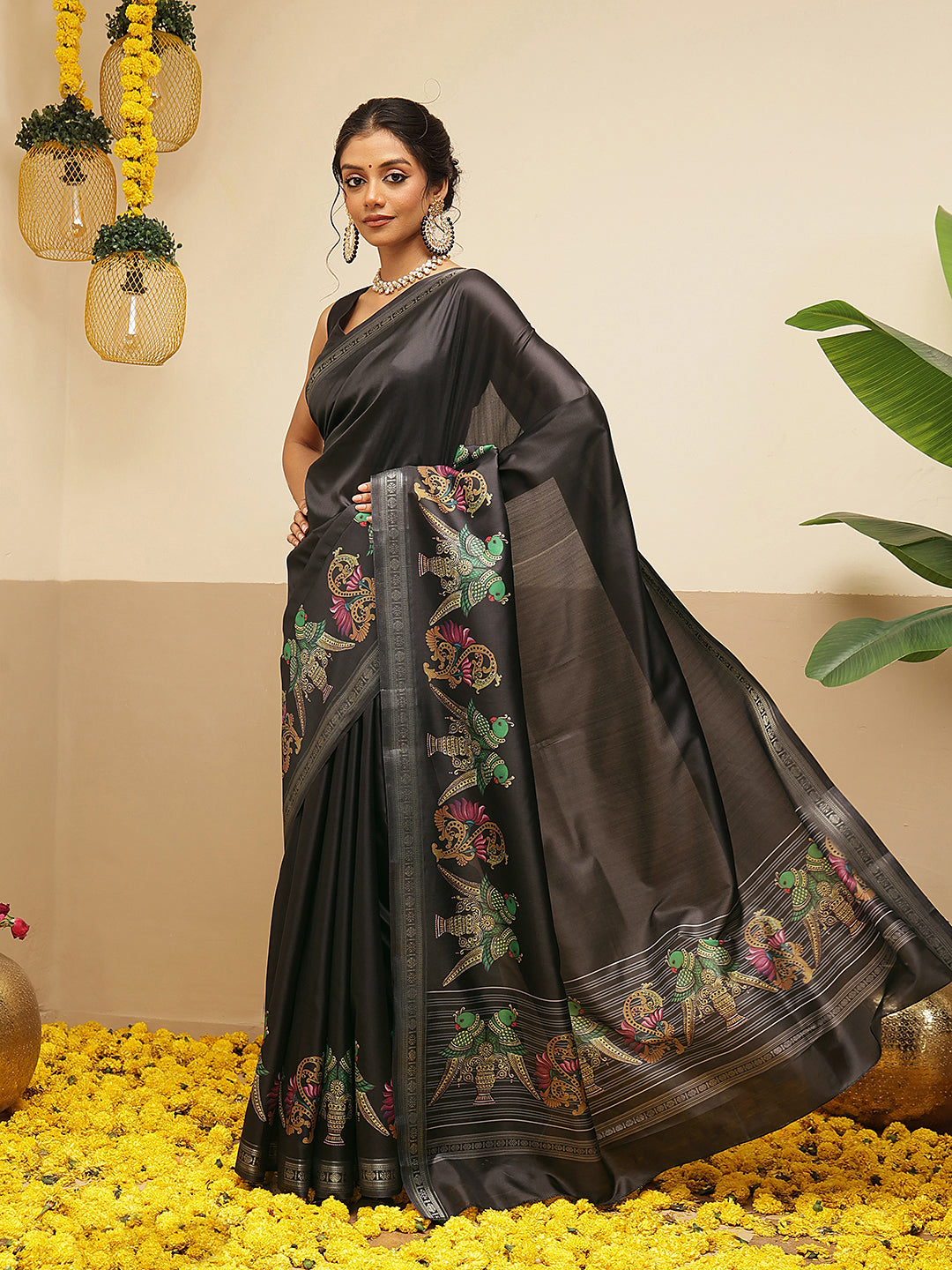 Kalamkari Printed Art Silk Festive Saree With Unstitched Blouse Piece