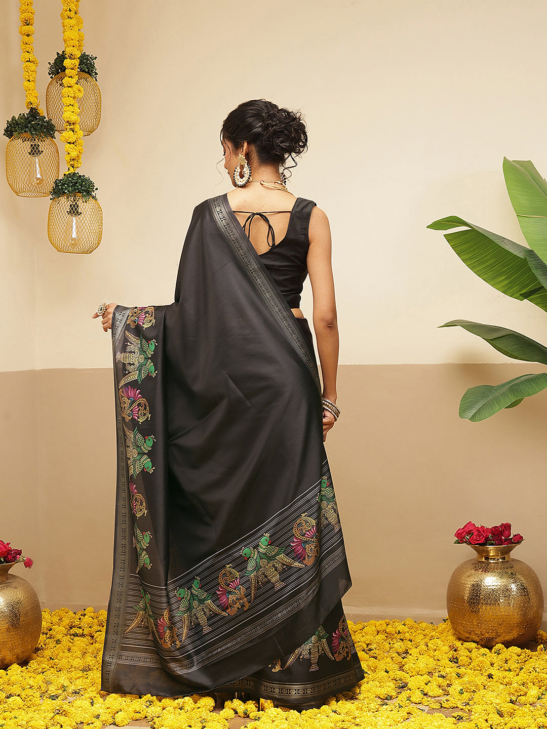 Kalamkari Printed Art Silk Festive Saree With Unstitched Blouse Piece