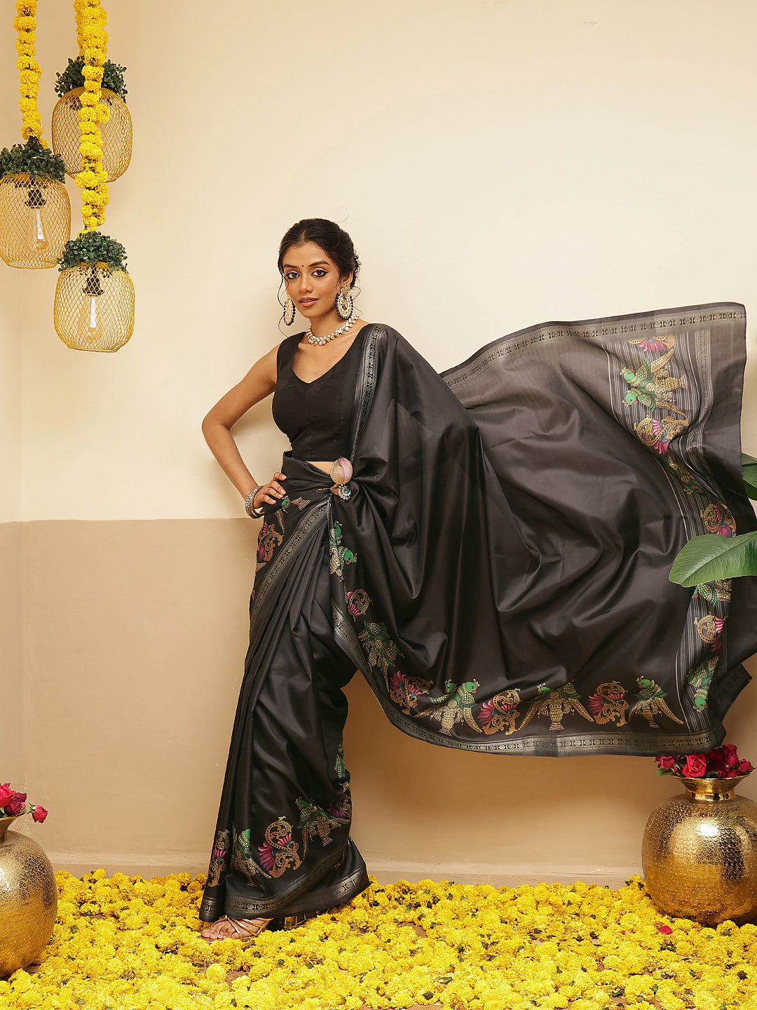 Kalamkari Printed Art Silk Festive Saree With Unstitched Blouse Piece