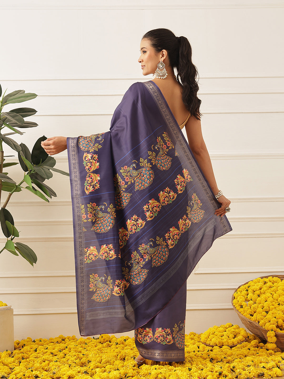 Kalamkari Printed Art Silk Festive Saree With Unstitched Blouse Piece