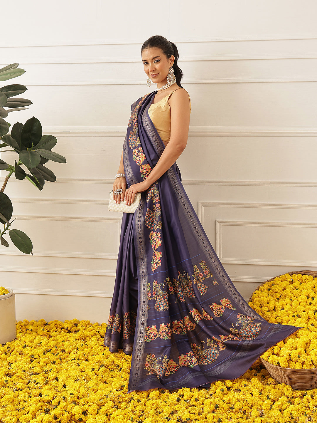 Kalamkari Printed Art Silk Festive Saree With Unstitched Blouse Piece