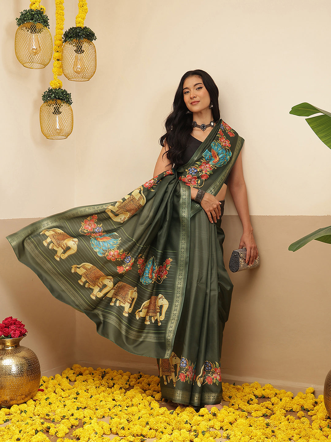 Elephant Printed Art Silk Festive Saree With Unstitched Blouse Piece