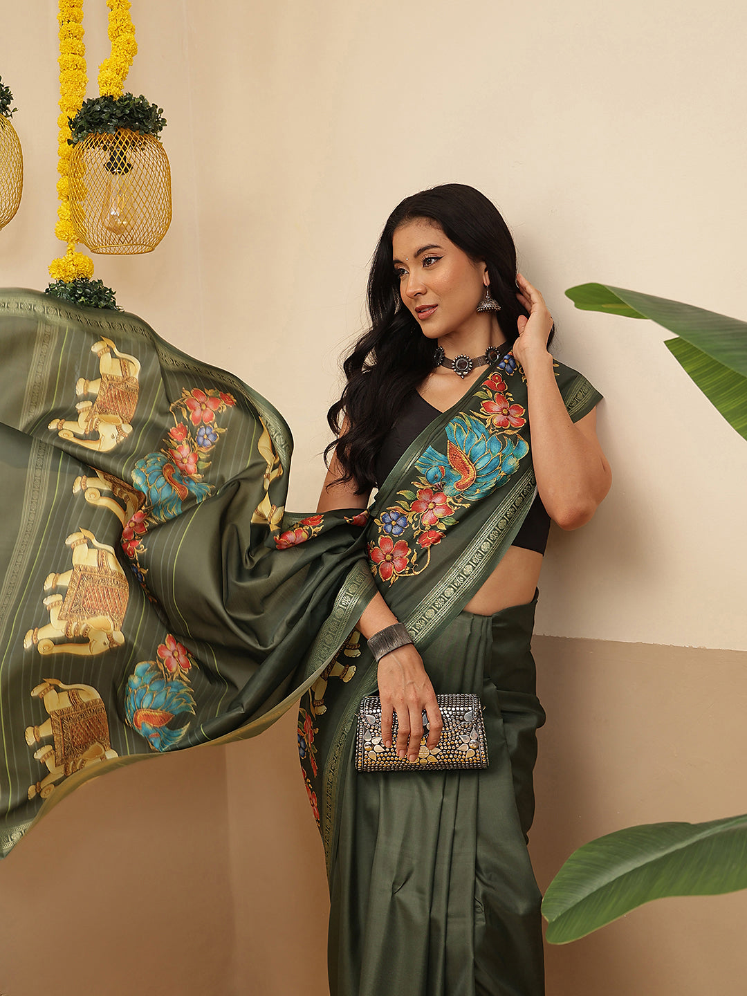 Elephant Printed Art Silk Festive Saree With Unstitched Blouse Piece