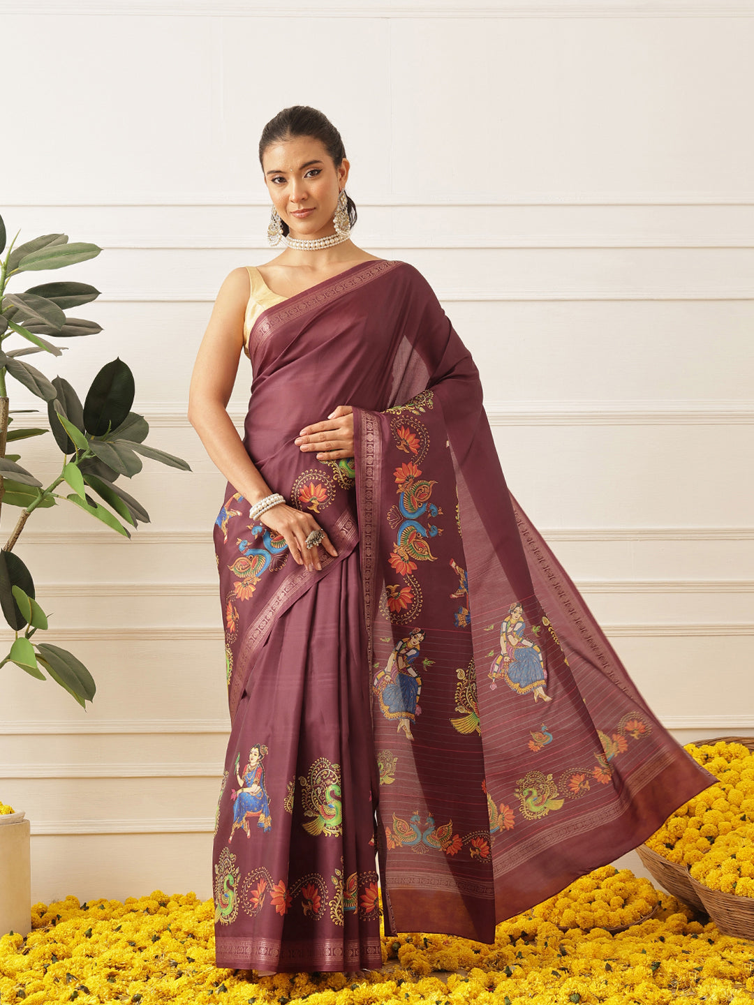Kalamkari Printed Art Silk Festive Saree With Unstitched Blouse Piece