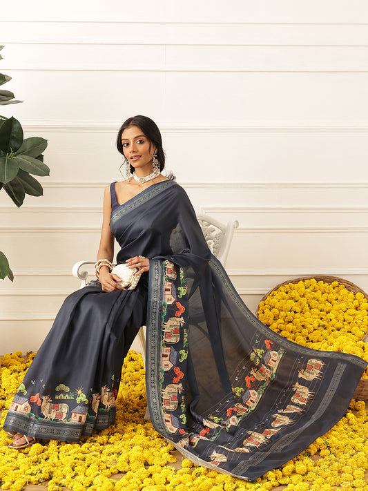 Animal Printed Art Silk Festive Saree With Unstitched Blouse Piece