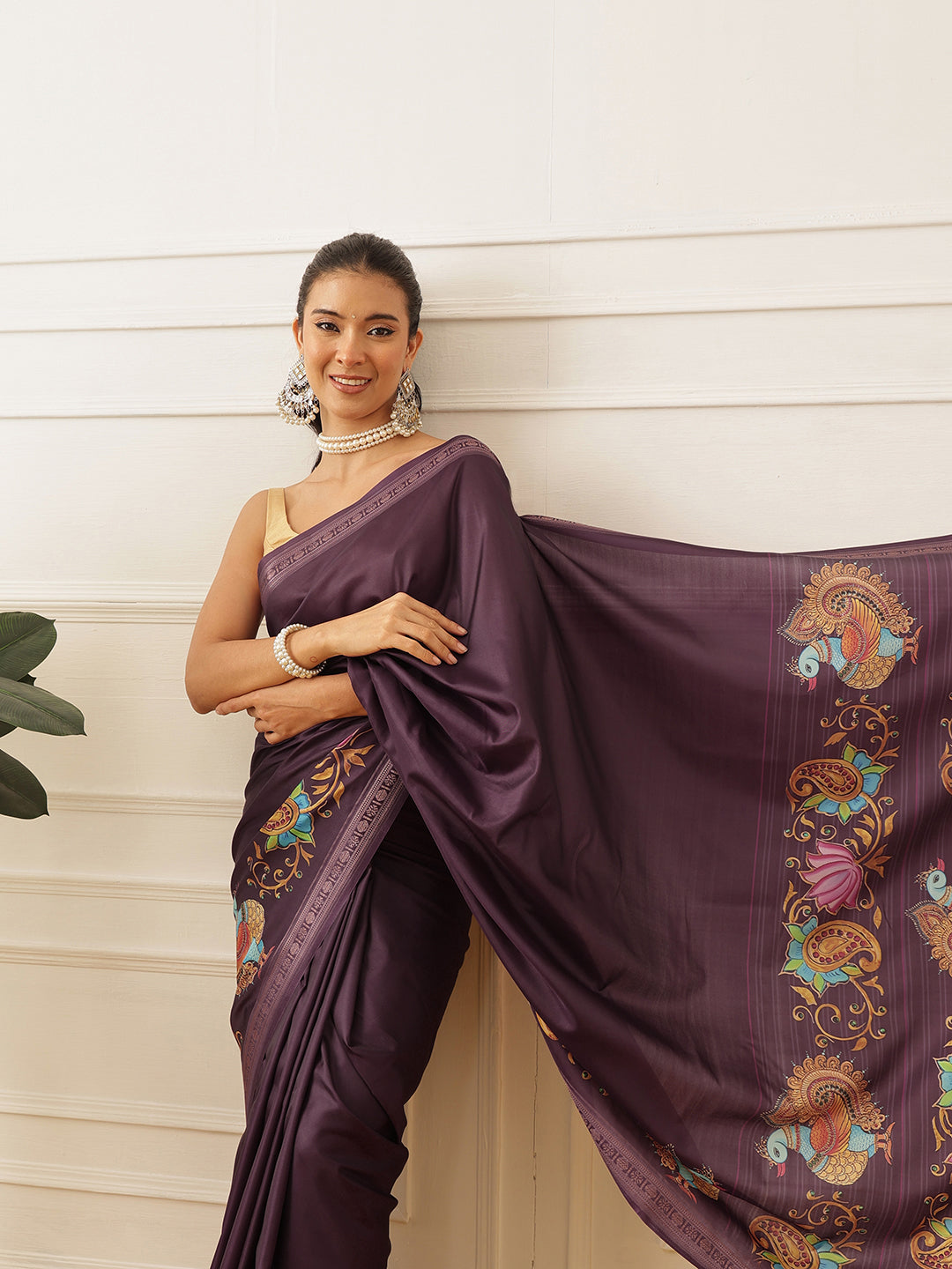 Kalamkari Printed Art Silk Festive Saree With Unstitched Blouse Piece