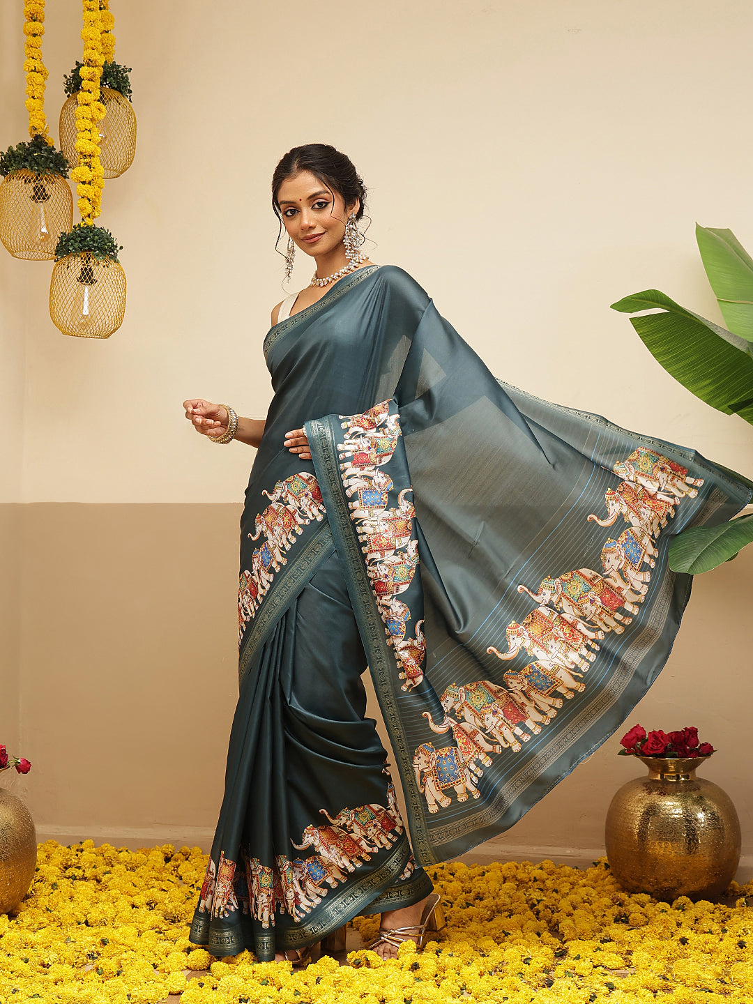 Elephant Printed Art Silk Festive Saree With Unstitched Blouse Piece