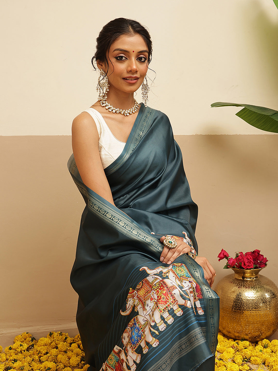 Elephant Printed Art Silk Festive Saree With Unstitched Blouse Piece