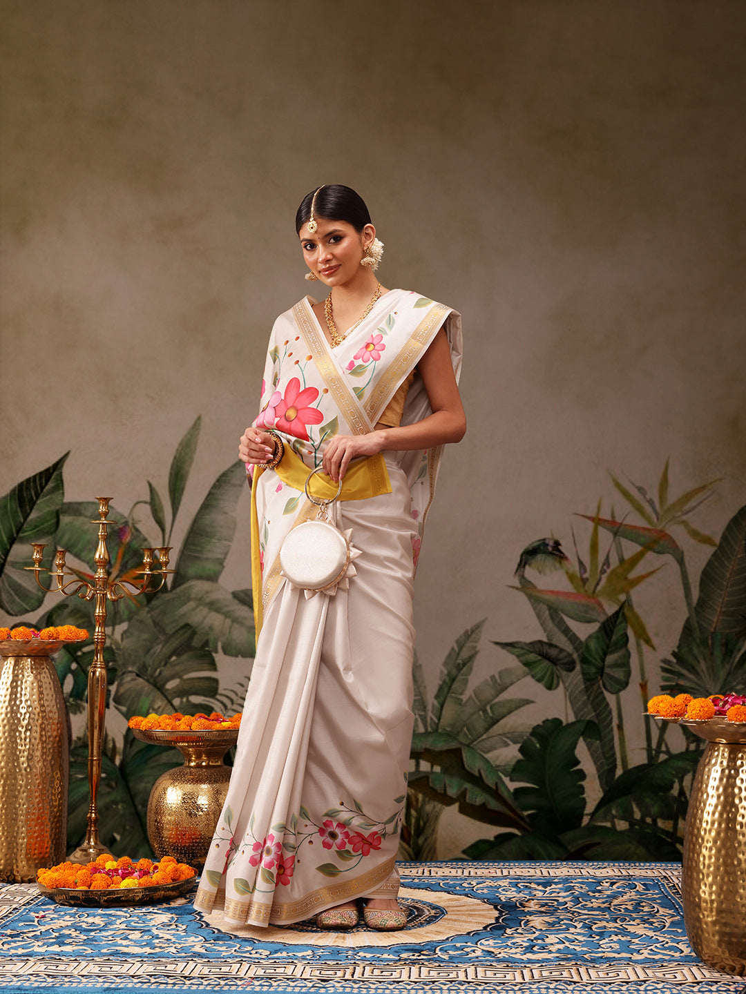 Kerala Style Digital Printed Silk Saree for Onam, Temple, & Ethnic Wear with Printed Blouse