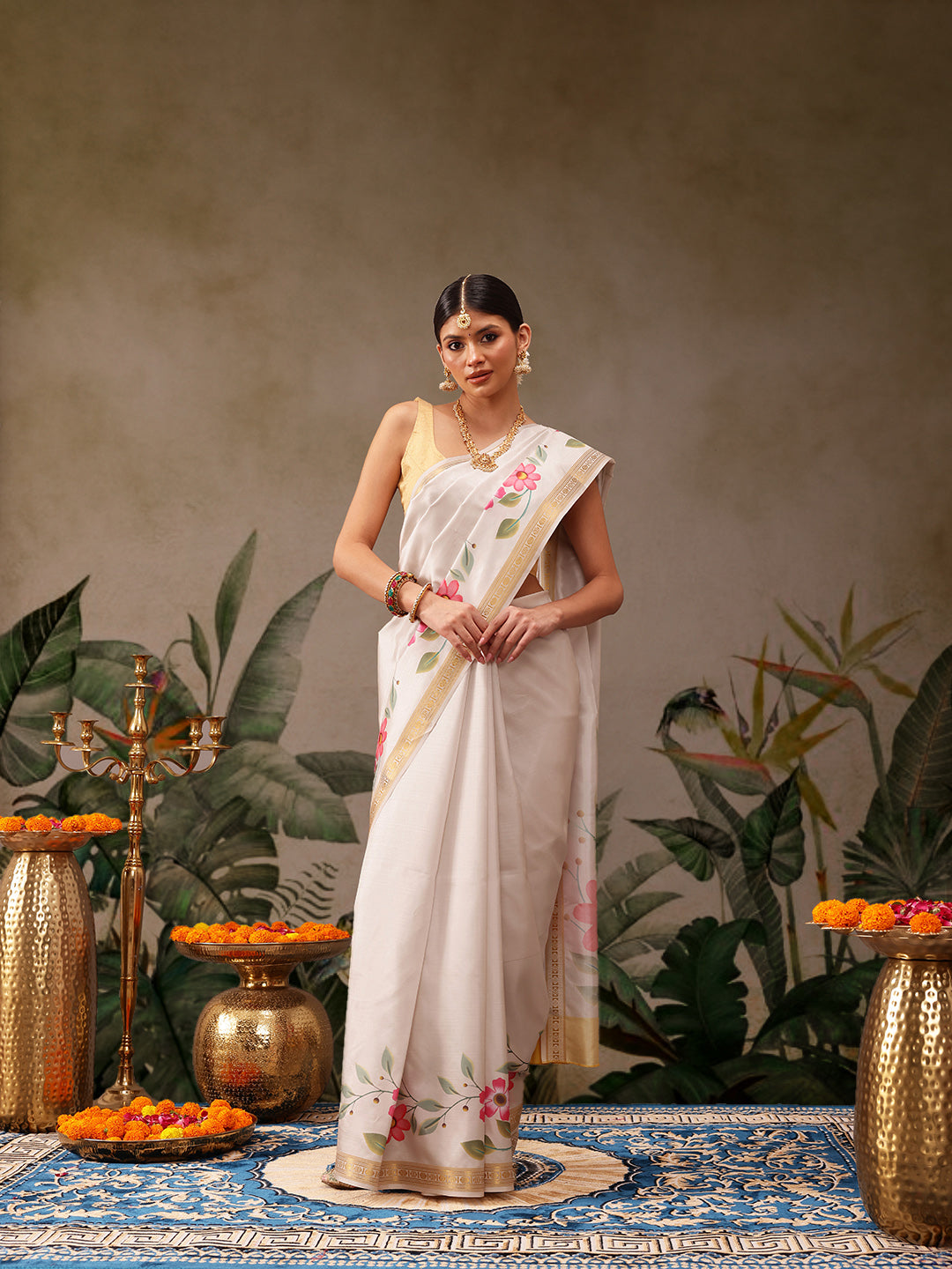 Kerala Style Digital Printed Silk Saree for Onam, Temple, & Ethnic Wear with Printed Blouse