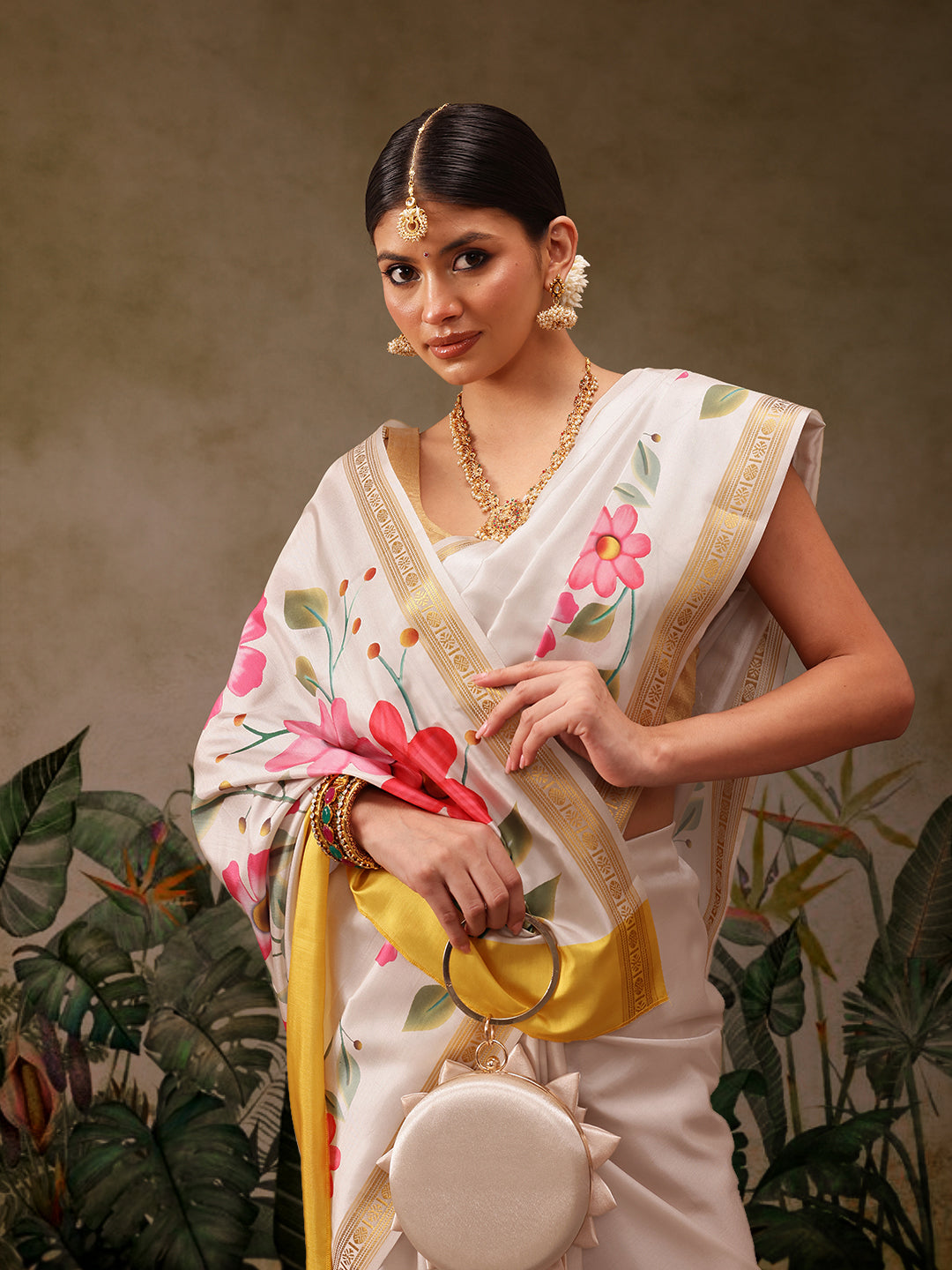 Kerala Style Digital Printed Silk Saree for Onam, Temple, & Ethnic Wear with Printed Blouse