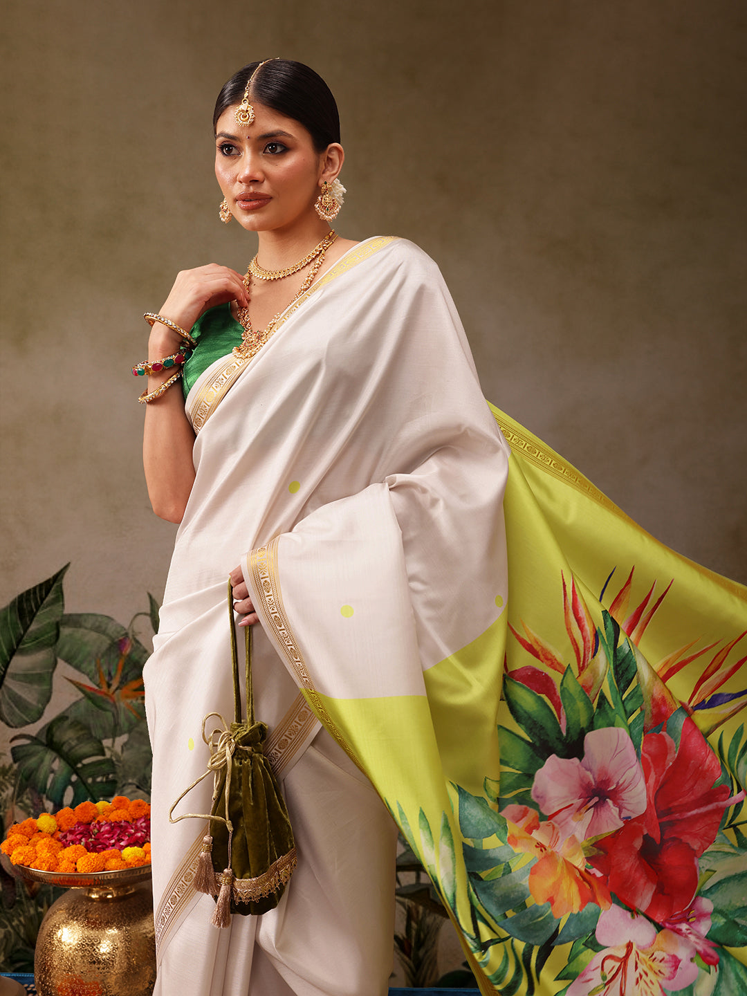 Kerala Style Digital Printed Silk Saree for Onam, Temple, & Ethnic Wear with Printed Blouse