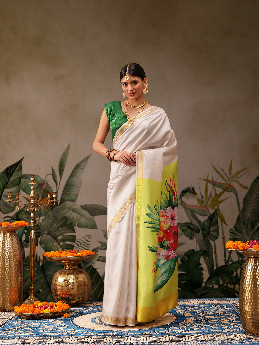 Kerala Style Digital Printed Silk Saree for Onam, Temple, & Ethnic Wear with Printed Blouse