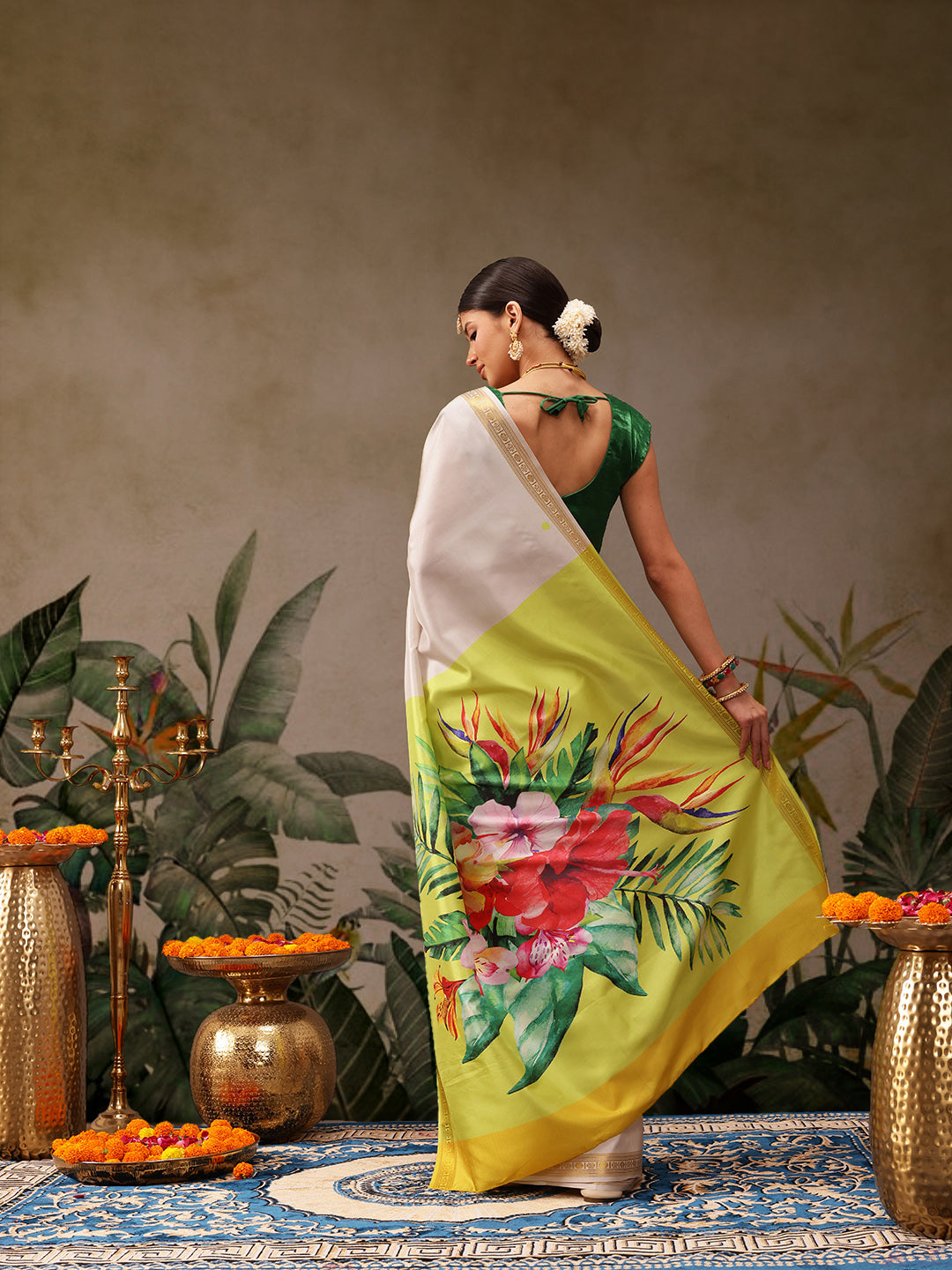 Kerala Style Digital Printed Silk Saree for Onam, Temple, & Ethnic Wear with Printed Blouse