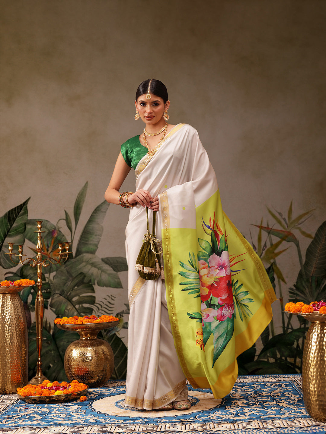 Kerala Style Digital Printed Silk Saree for Onam, Temple, & Ethnic Wear with Printed Blouse
