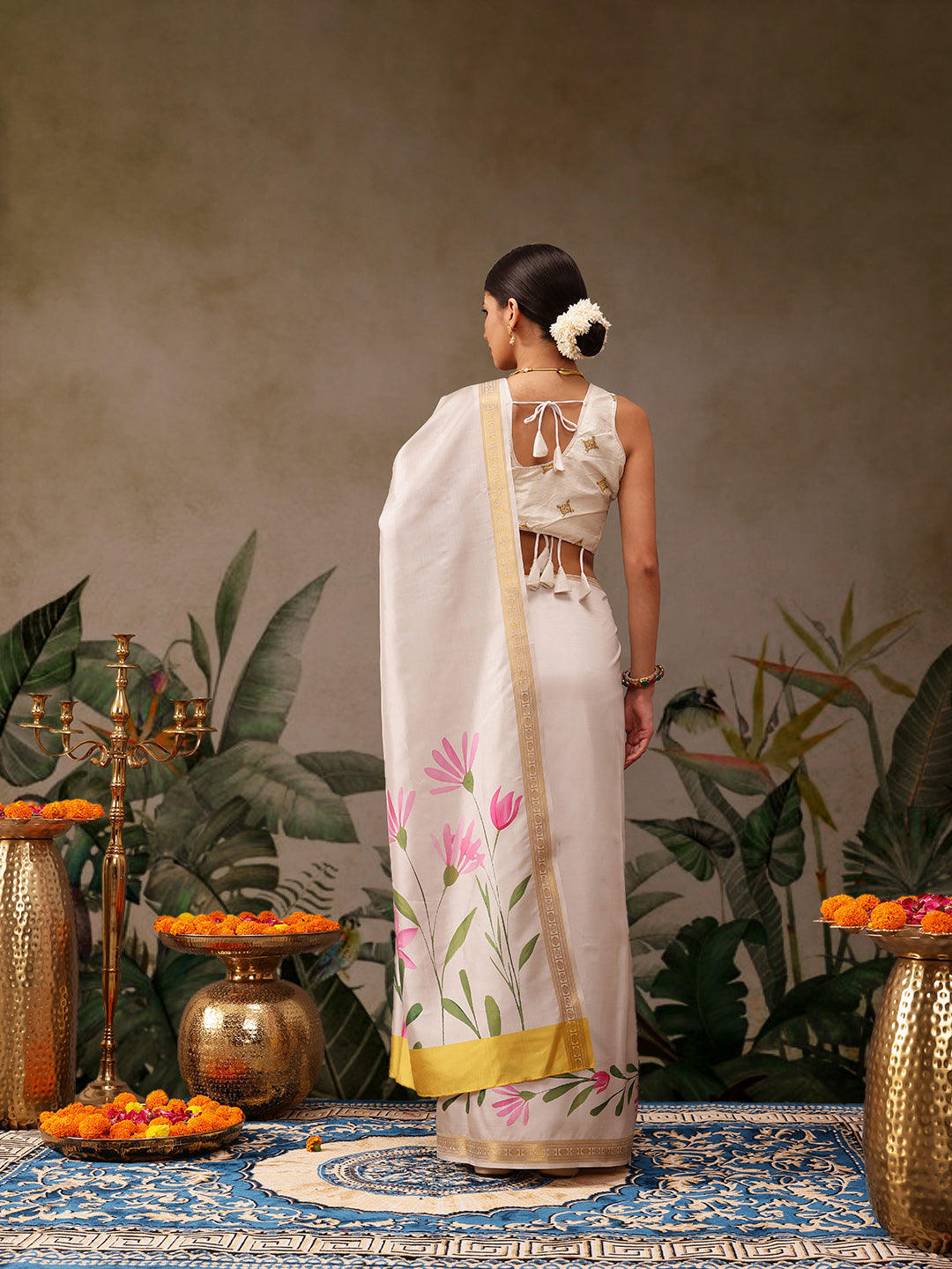 Kerala Style Digital Printed Silk Saree for Onam, Temple, & Ethnic Wear with Printed Blouse