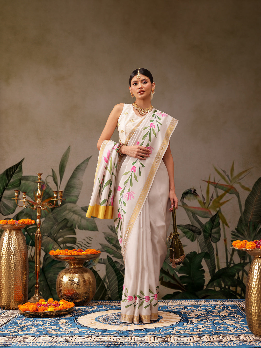 Kerala Style Digital Printed Silk Saree for Onam, Temple, & Ethnic Wear with Printed Blouse