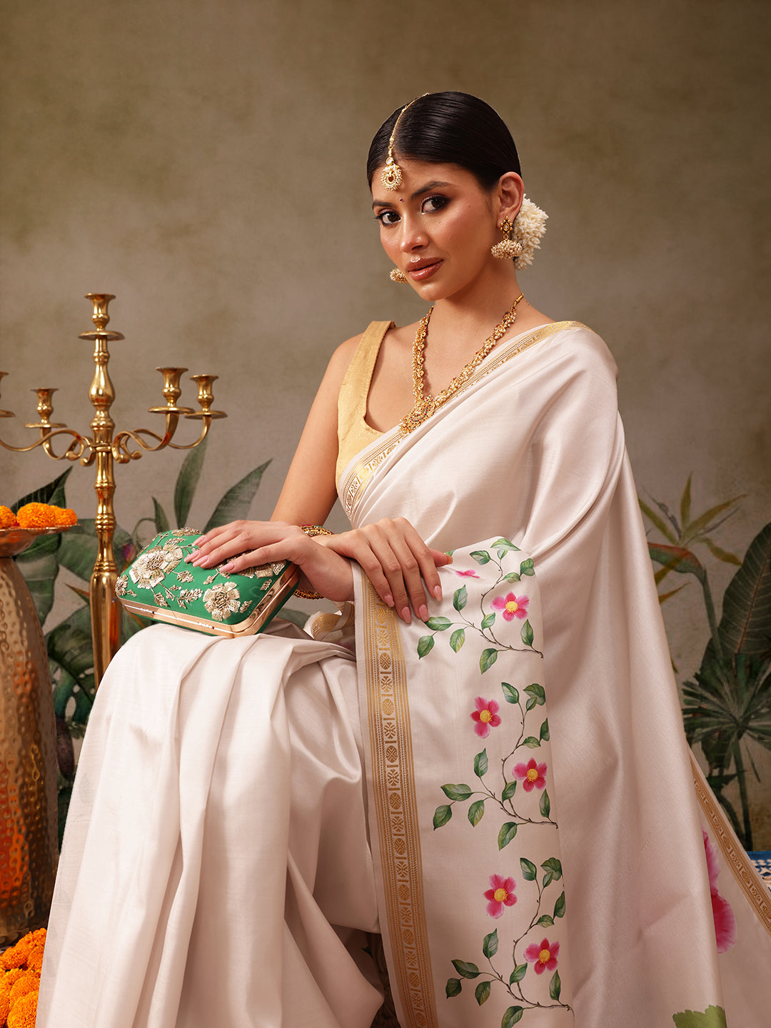 Kerala Style Digital Printed Silk Saree for Onam, Temple, & Ethnic Wear with Printed Blouse