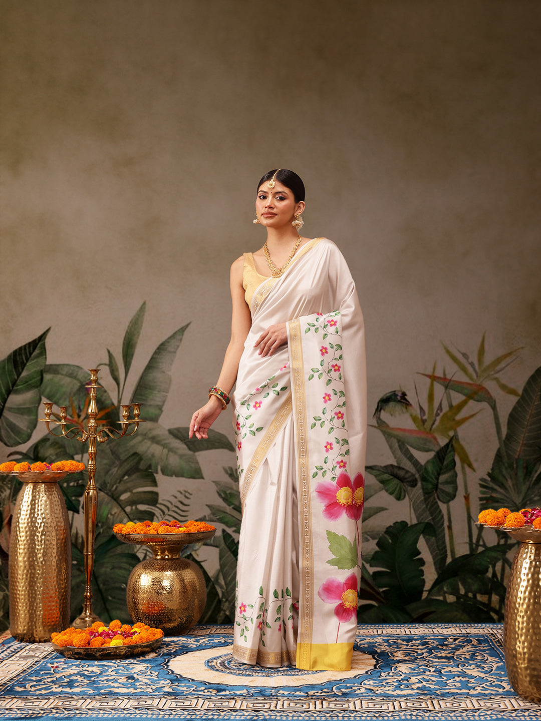 Kerala Style Digital Printed Silk Saree for Onam, Temple, & Ethnic Wear with Printed Blouse