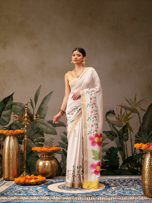 Kerala Style Digital Printed Silk Saree for Onam, Temple, & Ethnic Wear with Printed Blouse