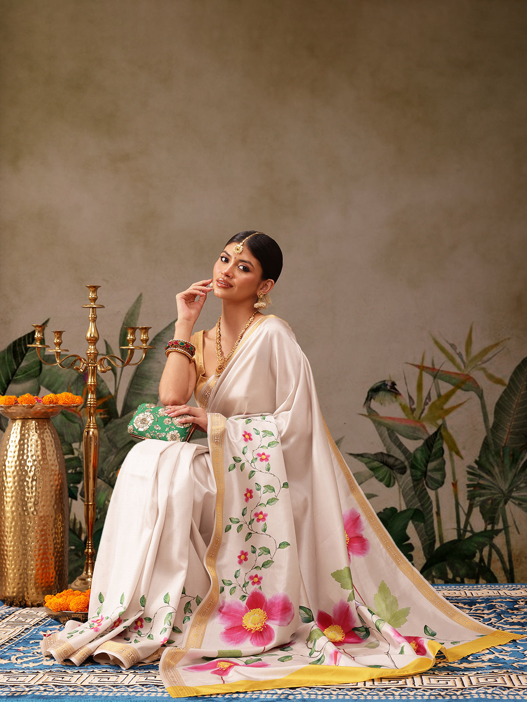 Kerala Style Digital Printed Silk Saree for Onam, Temple, & Ethnic Wear with Printed Blouse