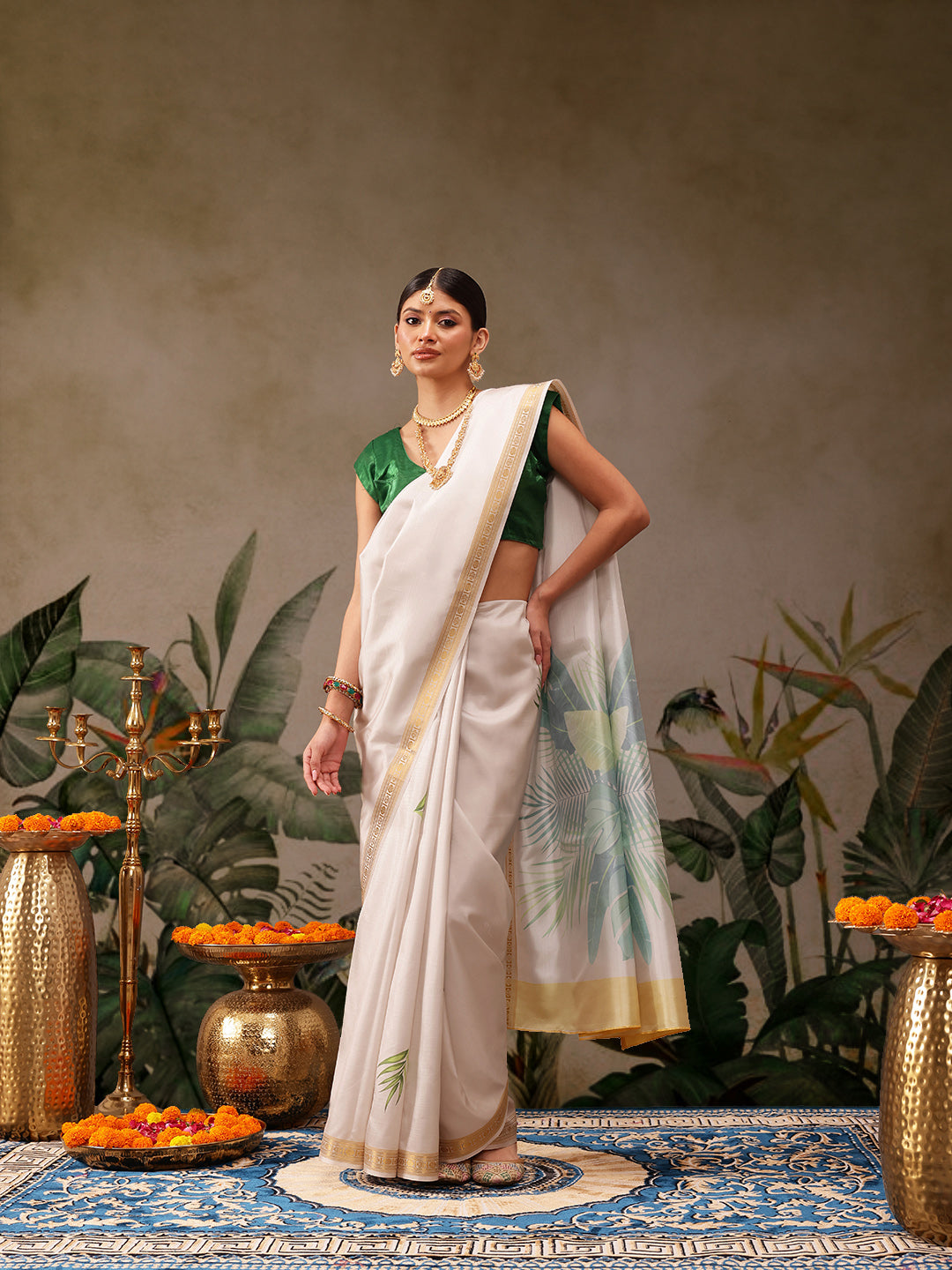 Kerala Style Digital Printed Silk Saree for Onam, Temple, & Ethnic Wear with Printed Blouse