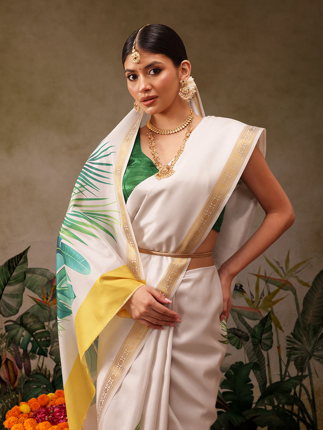 Kerala Style Digital Printed Silk Saree for Onam, Temple, & Ethnic Wear with Printed Blouse