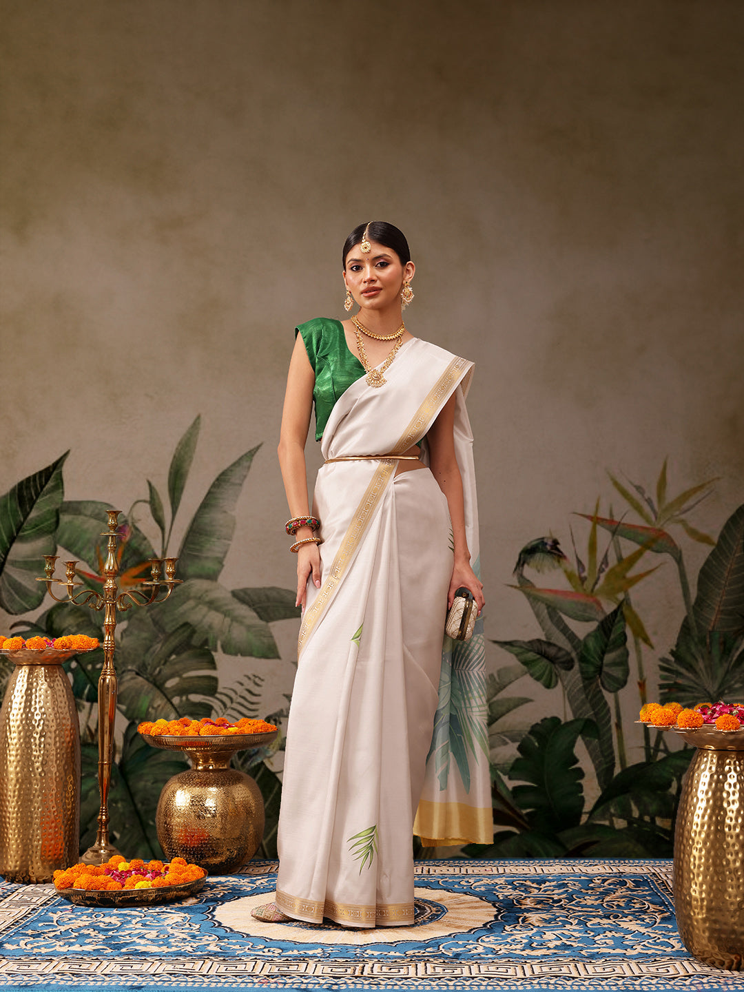 Kerala Style Digital Printed Silk Saree for Onam, Temple, & Ethnic Wear with Printed Blouse
