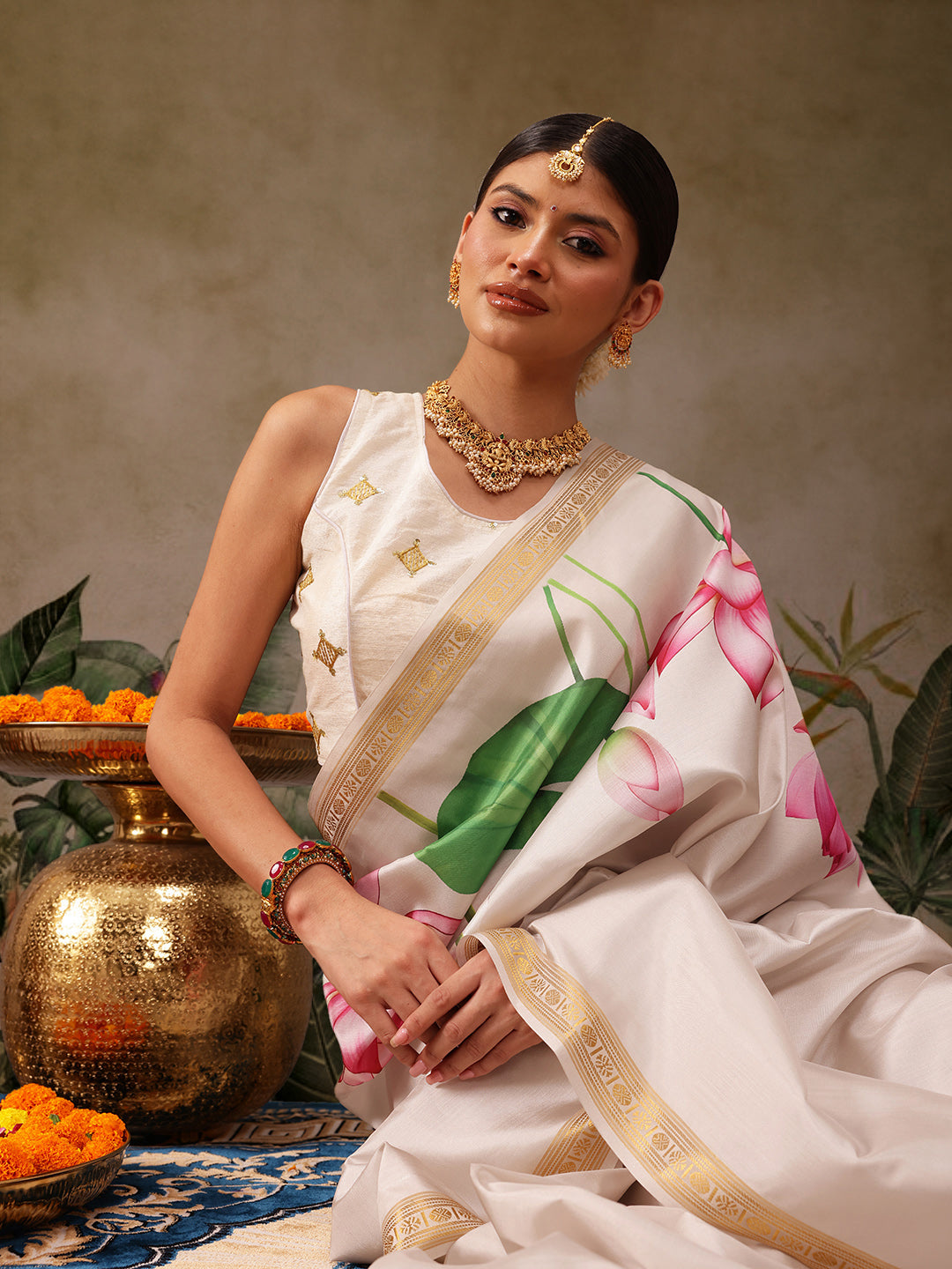 Kerala Style Digital Printed Silk Saree for Onam, Temple, & Ethnic Wear with Printed Blouse